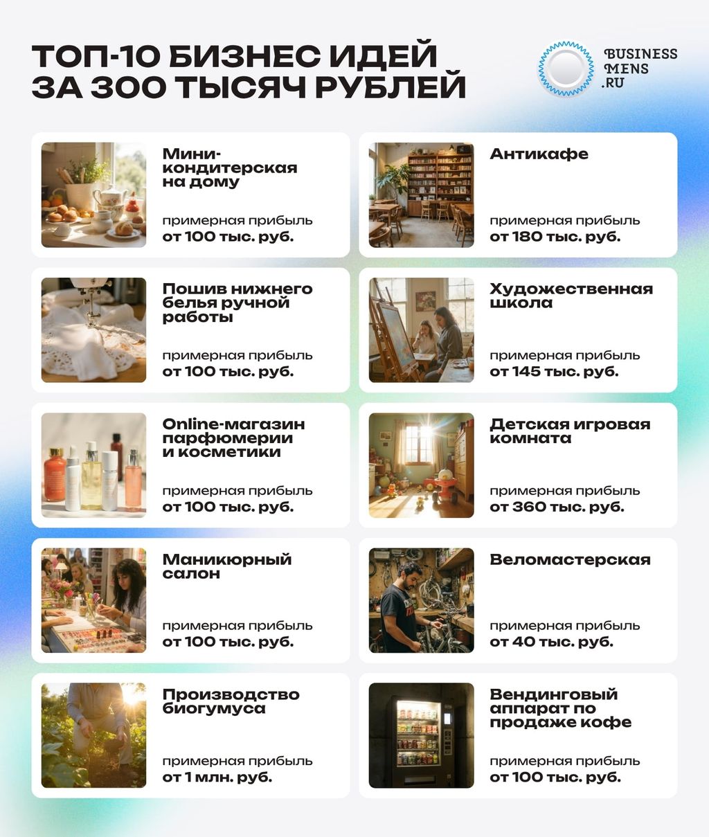 Топ-10 бизнес идей за 300 тысяч рублей