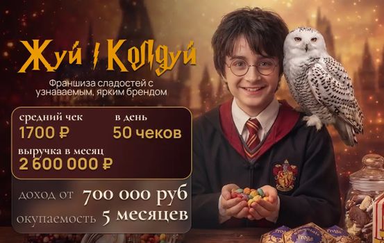 Открой сладкую лавку с уникальной концепцией и выручкой от 800 000 ₽ в месяц.